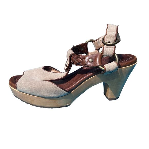 Frye Stephanie Braided T-Strap Tan Suede Slingback Sandals w/Block Heels Size 8 - Picture 4 of 14